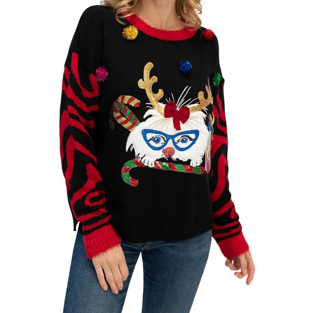 33 degrees Ugly Christmas Pullover Sweater Cat Presents Gift Womens Size Medium